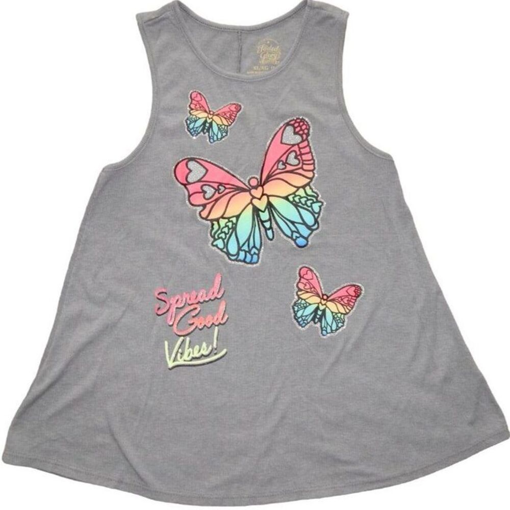 Faded Glory Girls XL 14/16 Gray Ribbed Butterfly Graphic Tank Spread Good Vibes